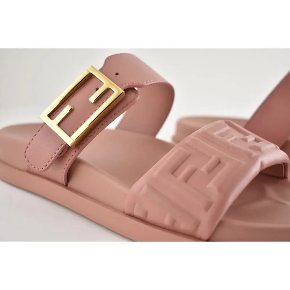 Fendi Feel Slide Pink Brick Leather FF Baguette Logo Gold Mule Flat Sandal 37